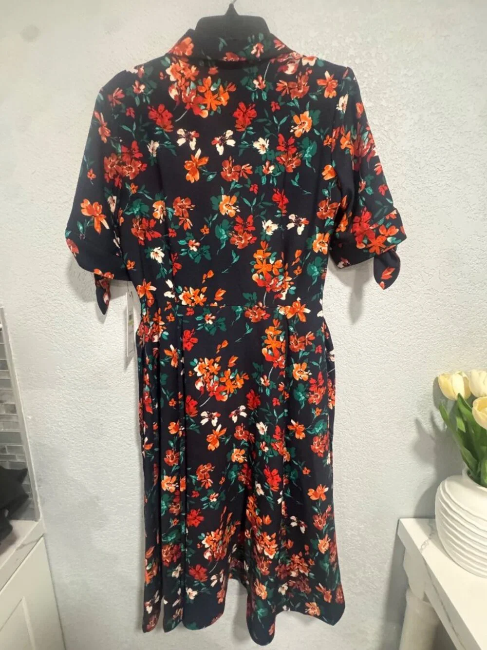 Calvin Klein Floral Belted Midi Dress Navy Orange Green MSRP $139_7